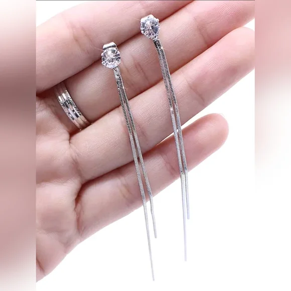 Diamond Dangle Tassle Earrings Long Double Chain - Picture 5 of 6